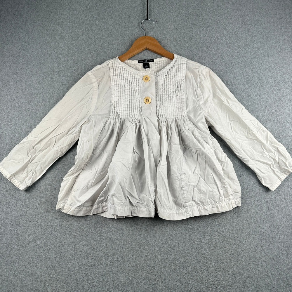 Gap Blouse Womens L Babydoll White Pleated Button Front Long Sleeve Cotton
